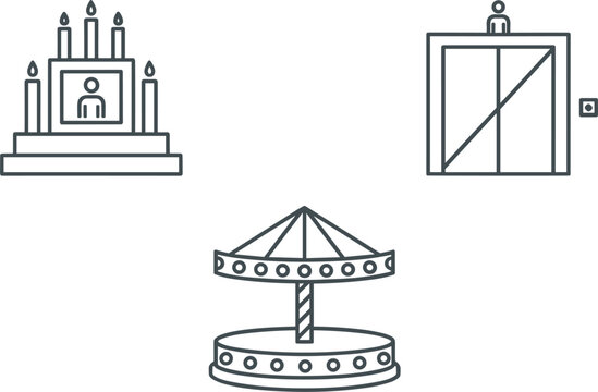Amusement park carousel elevator and stage platform icons set line art vector illustrating entertainment ride attraction symbols collection