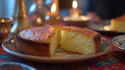 Golden baked dessert sits ready for serving upon a patterned dish under warm candlelight.