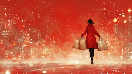 Silhouettes of shopping figures on red background