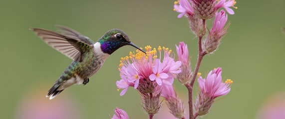 A hummingbird sipping nectar, rapid motion, summer bloom