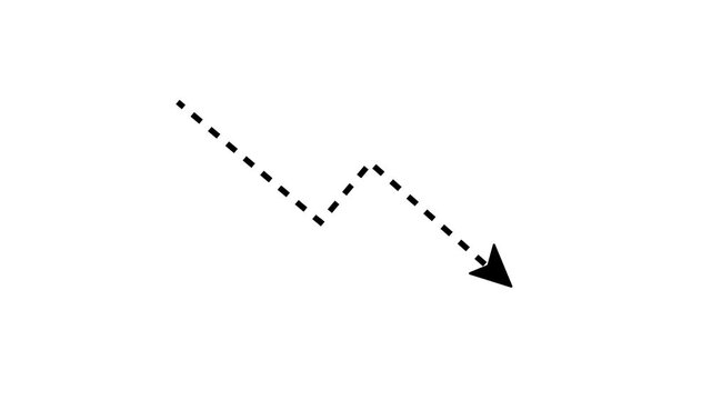 Downward arrow line animation with dotted line, downward arrow chart, economic crisis, transparent background 4k video