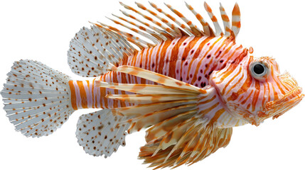Fototapeta premium Striking Lionfish: A mesmerizing view of a vividly colored lionfish, showcasing its elaborate fins and captivating stripes, adding a burst of beauty to the underwater world.