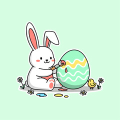 Fototapeta premium Cute Bunny Painting Easter Egg Flat Vector Illustration