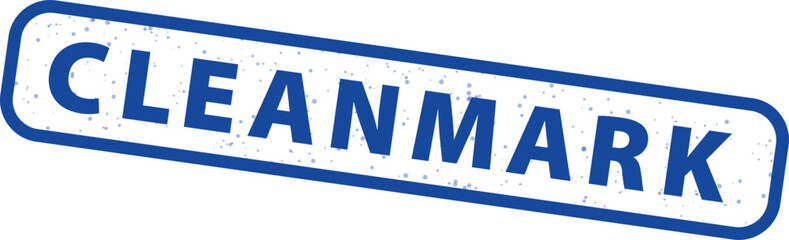 Vintage blue rubber stamp graphic featuring the word cleanmark isolated on a stark white background suggesting quality assurance or official certification.