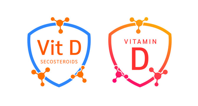 Vitamin D shield icon collection for product label design. Secosteroids molecule form simple line. Isolated on a white background. Medical symbol concept. Vector EPS10 illustration.