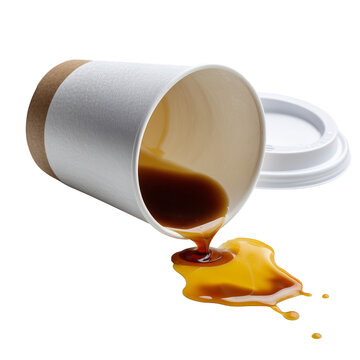 Spilled coffee from white and kraft paper cup with lid, dark brown liquid mess on white background, isolated on white