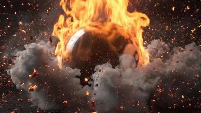 Fiery 8 Ball Surrounded by Upward Flames and Grey Smoke in Dark Studio Scene for Dynamic Sports and Energy Visuals