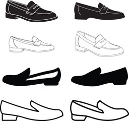 Classic loafers and slip on flat shoes collection featuring both solid black silhouettes and thin line art contours for design