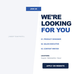 Obraz premium Vector job vacancy social media post template with text 'We're Looking For You', blue buttons, and placeholder for team photo