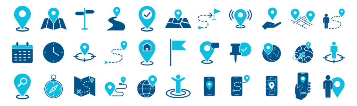 Solid location and navigation icons set, map pins gps routes compass direction and travel interface symbols vector on transparent background