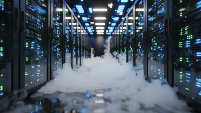 Futuristic dolly shot gliding through server room. Data center hallway enveloped by rising mist. Cyber infrastructure and digital fog concept for technology visualization.
