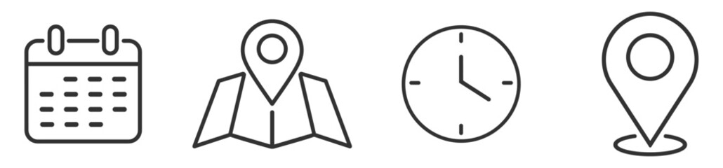 Calendar clock map and location pin icon set vector for time and navigation on transparent background