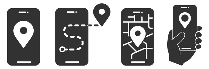 Mobile navigation location pin icon set vector for smartphone map and GPS apps on transparent background