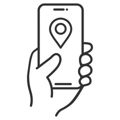 Smartphone in hand showing location pin map marker, mobile GPS navigation app icon vector illustration on transparent background