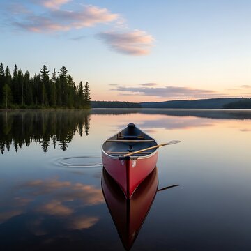 Red canoe with paddle floating on a tranquil lake at dawn with forest reflections
