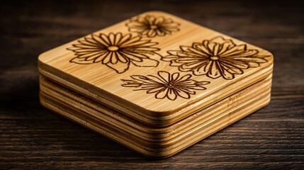 Stack of intricately engraved floral bamboo coasters on a rustic wooden surface