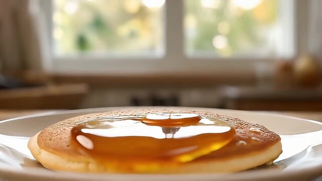 Delicious golden pancake topped with sweet syrup, served on a white plate with a blurred background of a kitchen window.