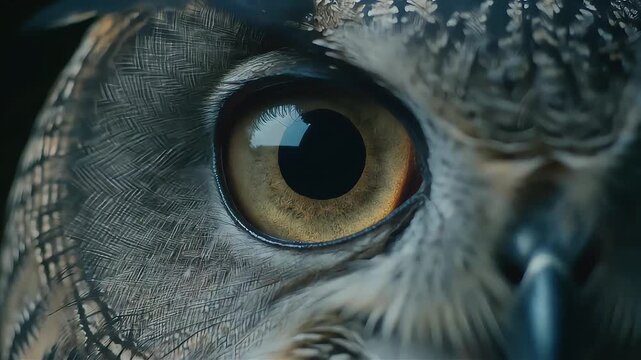 Extreme macro close-up of an owl eye adapted for night vision, large pupil, detailed iris texture, nocturnal predator vision, wildlife biology, cinematic realism.