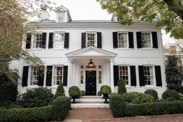 Obraz premium Stately White Colonial Revival Home with Black Shutters, Grand Portico, and Lush Green Landscaping.
