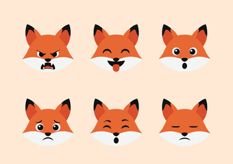 Fototapeta premium Set of cute fox head characters with multiple facial expressions including angry happy surprised sad and sleeping on peach background
