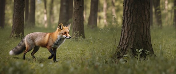Fototapeta premium A fox in the woods, stealthy, natural habitat