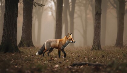 Fototapeta premium A fox in the woods, stealthy, natural habitat