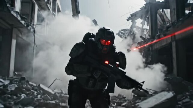 Soldier in tactical armor advances through urban ruins in intense cinematic tracking shot. Futuristic commando fires rifle amid smoke and laser beams in war-torn environment. Action sequence for