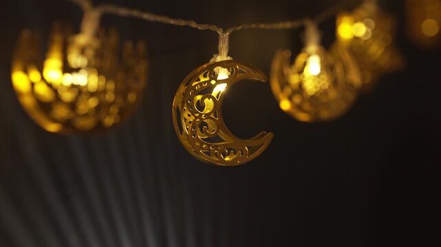 Ramadan Eid Mubarak String Lights at home. Traditional Arabic patterns