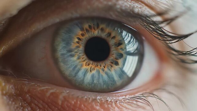 Extreme macro close-up of a woman&rsquo;s eye iris revealing detailed texture, vibrant color, natural reflection, human vision concept, beauty, perception, cinematic realism.
