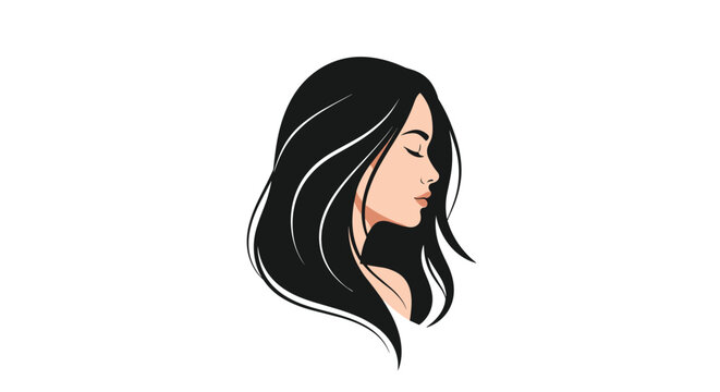 Elegant side profile portrait of a beautiful woman with flowing long black hair against a clean white background.
