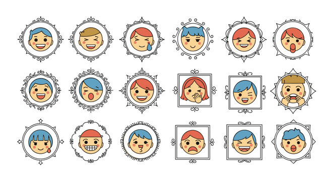 Large collection of diverse children emoji faces with different expressions and hair colors set in various ornate frames.