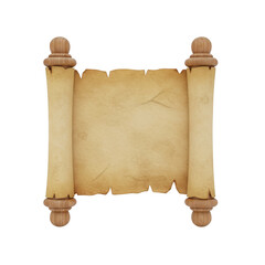 3D rendered ancient parchment scroll with wooden handles isolated on transparent background