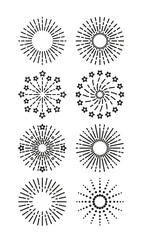 Set of firework, sparks and salute icon. Burst stars, linear sparkle explosion. Happy new year shiny symbol isolated on white background. Outline birthday party elements. Vector simple illustration.