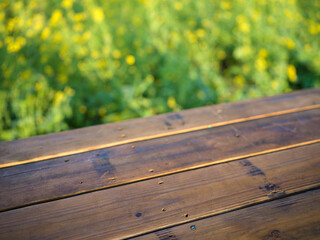 Fototapeta premium Wooden Table Amid Yellow Flowers