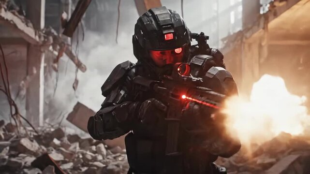 Futuristic soldier in armored suit advances through post-apocalyptic urban ruins firing red laser weapon in intense combat sequence. Sci-fi action cinematic tracking shot with destruction and