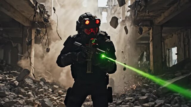 Soldier in tactical gear advances through war-torn urban ruins aiming laser-sighted rifle in intense cinematic tracking shot. Sci-fi action sequence showing operative movement in destroyed cityscape