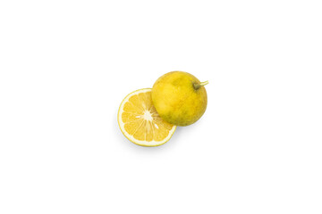 Fresh yellow lemon fruit with a cut lemon half showing juicy citrus slices, isolated on transparent background with copy space.