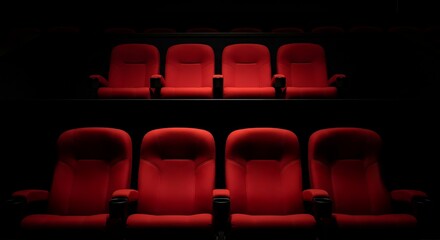 Obraz premium Rows of empty red velvet seats in a dark movie theater, ready for an audience