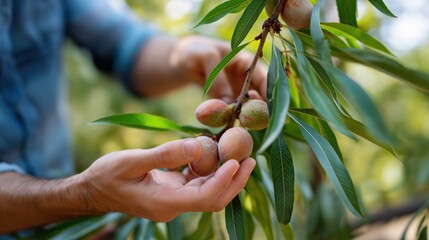 Fototapeta premium Man harvesting fresh olives from a tree branch in an orchard 