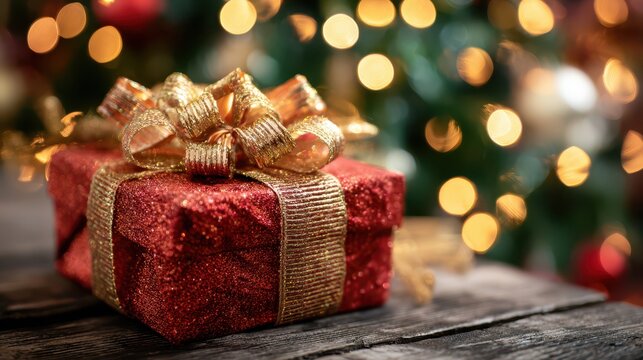 Regalo navide&Atilde;&plusmn;o en rojo y oro con mo&Atilde;&plusmn;o dorado y fondo de &Atilde;&iexcl;rbol con luces