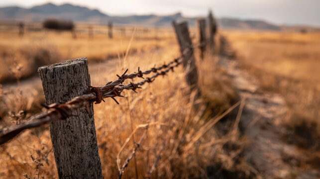 Rugged fence line with snapped wire and jagged barbs along a dry field