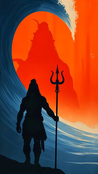 Lord Shiva Silhouette Holding Trishul Before Fiery Sun and Ocean Wave, Powerful Mahadev in Minimalist Spiritual Landscape Art for Maha Shivaratri and Shravan Devotional Theme