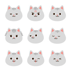 Set of cute grey cat face icons with various facial expressions including happy angry sleeping and winking for social media avatar and design