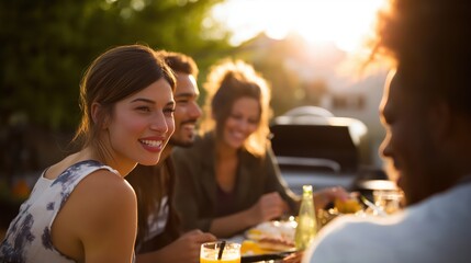 Young adults enjoying barbecue and drinks at outdoor gathering  