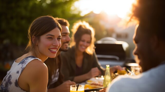 Young adults enjoying barbecue and drinks at outdoor gathering  