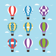 Collection of Colorful Hot Air Balloons with Various Patterns in the Sky, Vector Flat Illustration for Travel Adventure and Festival Concepts