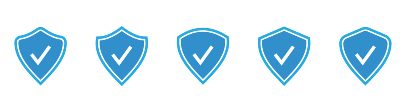 Blue shield check mark icon set. Security shield protection icon. Shield with tick symbol. Security protection sign. Vector illustration