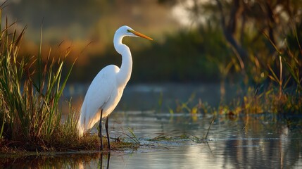Obraz premium Serene lakeside scene with a majestic white heron in soft morning light