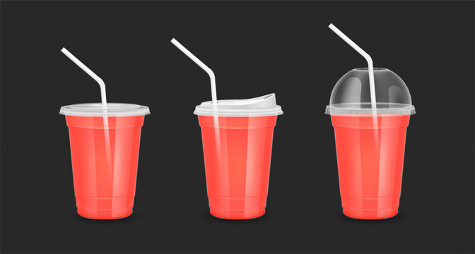 Mockup fruit juice in plastic cup transparent. Glass with Flat lid Dome lid Sip lid straw tube. Red water for design drink menu cafe or restaurants. Collection packaging drink 3D Realistic vector.