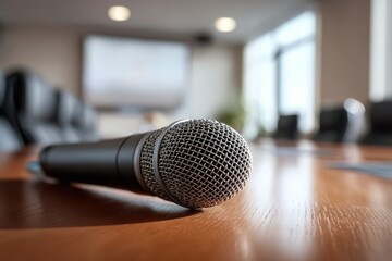 Obraz premium Sharp foreground microphone on a wooden conference table with a blurred corporate background